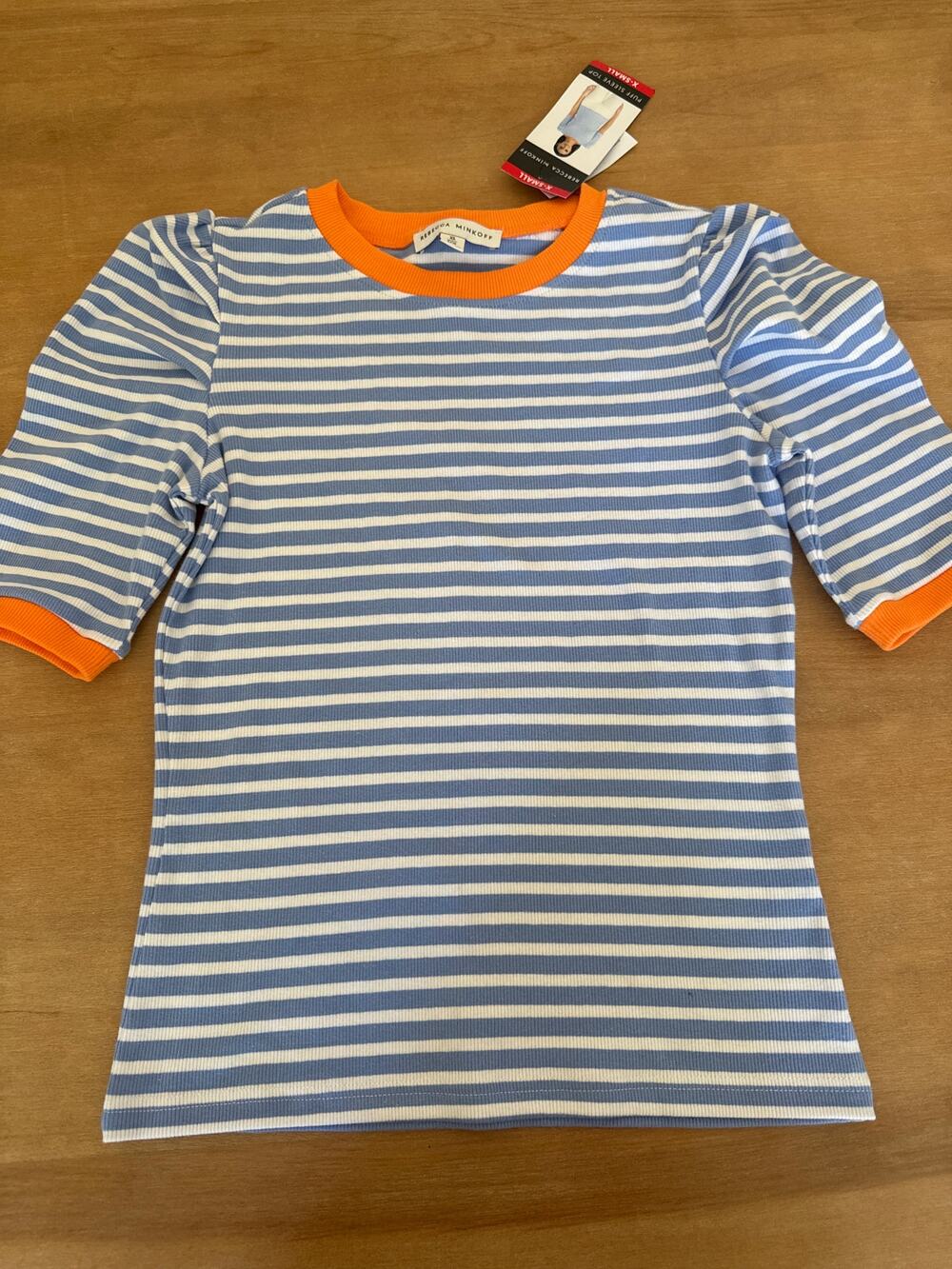 Rebecca Minkoff XS Women's Puff Sleeve Blue Stripe Orange Accents NWT